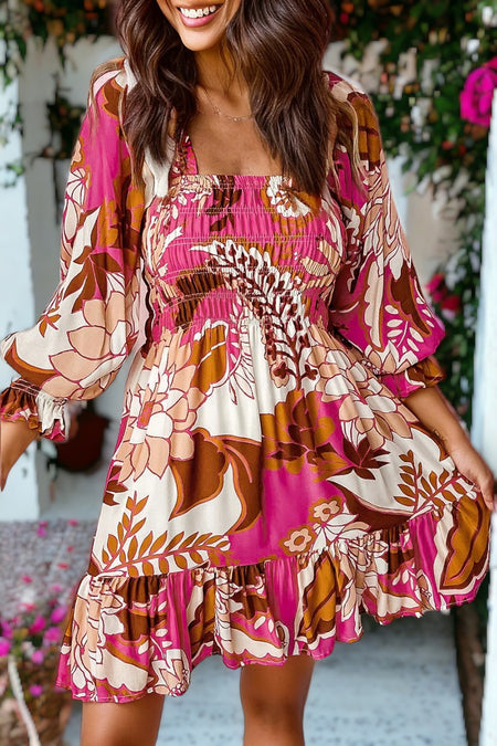 Floral Print Smocked Square Neck Bubble Sleeve Dress