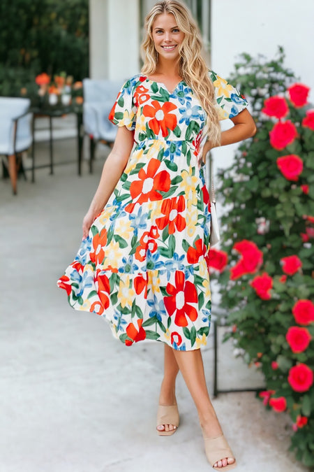 Notch Neckline Bubble Sleeve Floral Midi Dress