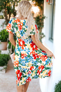 Notch Neckline Bubble Sleeve Floral Midi Dress