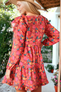 Ruffle Shoulder Long Sleeve Floral Mini Dress