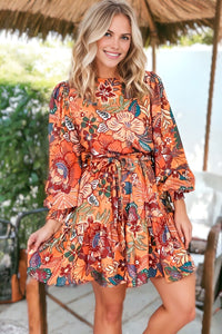 Bubble Sleeve Belted Floral Dress