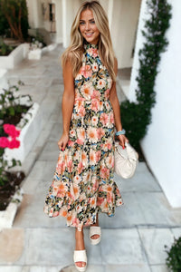 Boho Floral Print Knotted Halter Ruffled Maxi Dress