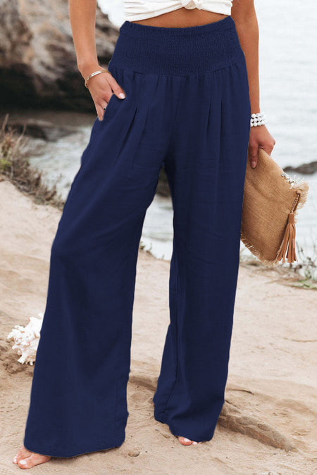 Loose Smocked High Waist Wide Leg Trousers