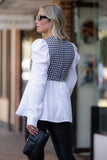 Houndstooth Pleated Puff Sleeve Blouse