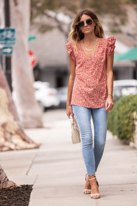 Floral Rust Ruffle Sleeve V-Neck Top