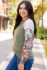 Floral Patchwork Long Sleeve Ribbed Blouse