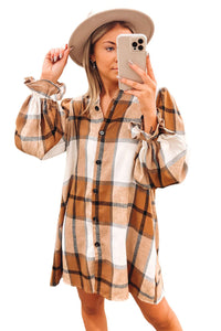 Plaid Pattern Collared Neck Ruffled Sleeve Shirt Dress