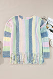 Color Block Fringed Drop Shoulder Tunic Sweater