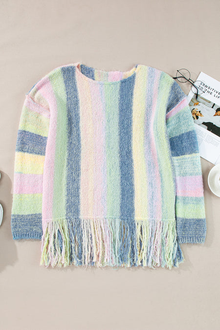 Color Block Fringed Drop Shoulder Tunic Sweater