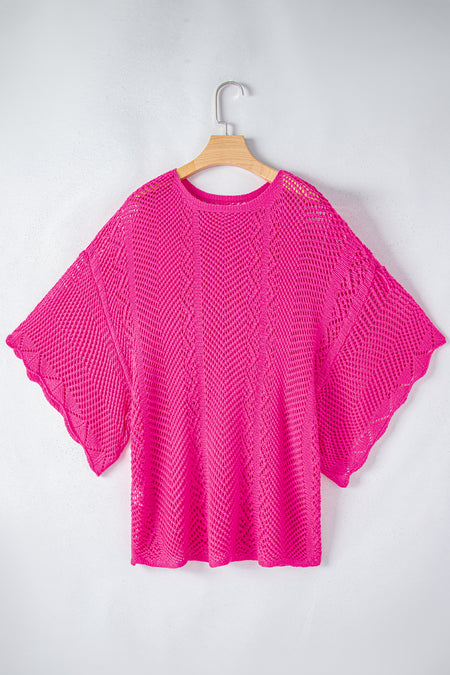 Pointelle Knit Scallop Edge Short Sleeve Top