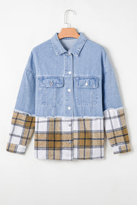 Plaid Patchwork Buttoned Oversized Denim Jacket