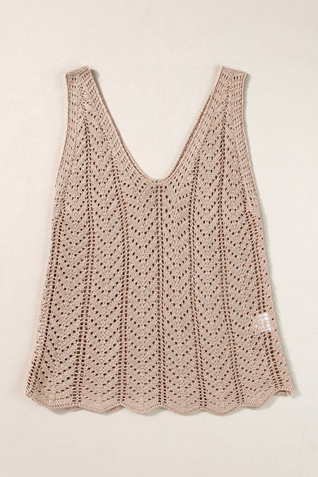 Pale Khaki Scalloped Hem V Neck Crochet Knit Vest