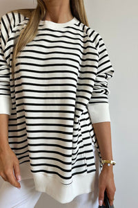 Stripe Raglan Sleeve Side Slits Loose Sweatshirt