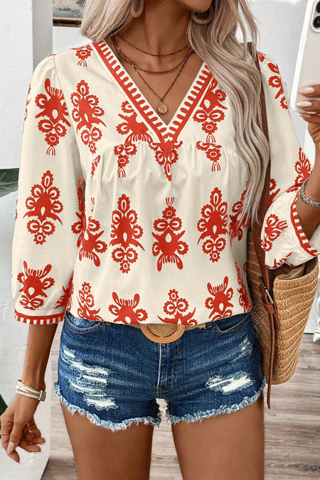 Printed 3/4 Sleeve V Neck Blouse