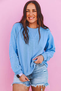 Pearled Sleeves Drop Shoulder Round Neck Pullover Sweatshirt