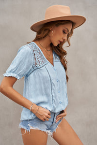 V Neck Lace Crochet Short Sleeve Shirt