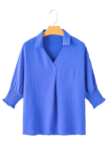 Boxy Collared Smocked Sleeve Cuffs Blouse