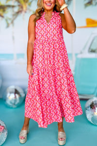 Floral Print Frilly Neck Sleeveless Tiered Maxi Dress