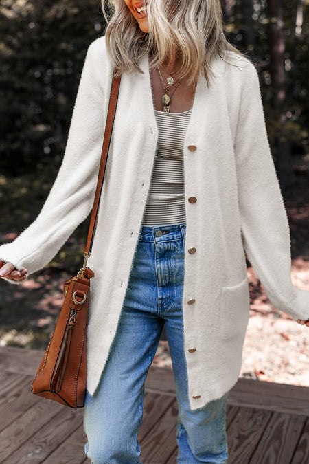 Fuzzy Buttoned Front Midi Solid Cardigan