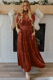 Velvet Short Sleeve Shirred Waist Tiered Maxi Dress