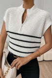White Stripe Half Zip Split Stand Neck Sweater T-shirt