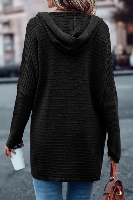 Horizontal Rib Knitted Open Front Hooded Cardigan