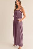 Solid Self Tied Straps Pleated Wide Leg Jumpsuit