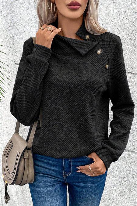 Asymmetric Buttons Detail High Neck Textured Sweatshirt