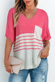 Contrast Stripes V Neck Knitted Short Sleeve Top