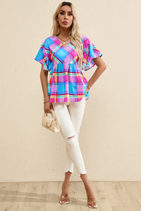 Plaid V Neck Ruffled Short Sleeve Babydoll Top