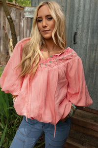 Geometric Embroidered V Neck Puff Sleeve Blouse