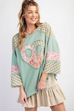 Plaid Floral Peace Heart Graphic Wide Long Sleeve Top