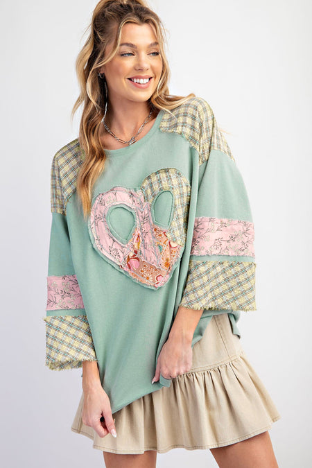 Plaid Floral Peace Heart Graphic Wide Long Sleeve Top