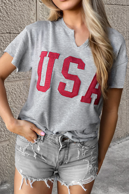 Black USA Lettering Patch Notched Neck Loose Tee