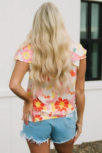 Stand Collar Flutter Sleeves Floral Top