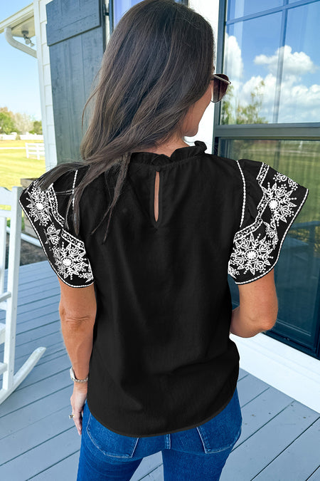 Embroidered Ruffled Sleeve Frilled Collar Blouse