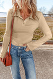 Ribbed Buttoned Collar Long Sleeve Slim Fit Top