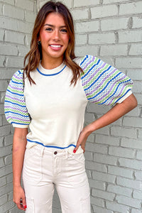 Crochet Striped Bubble Sleeve Knit Sweater