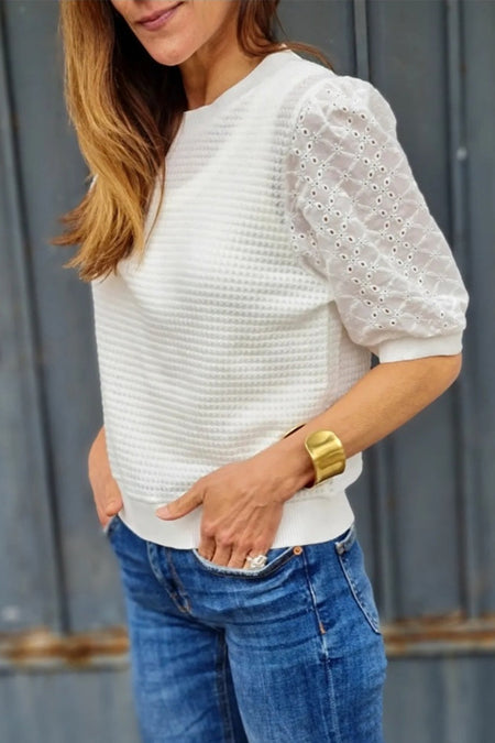 Broderie Anglaise Puff Sleeve Waffle Knit Tee