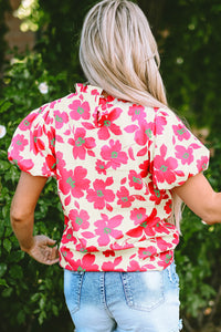 Floral Puff Sleeve Frilled Neckline Blouse