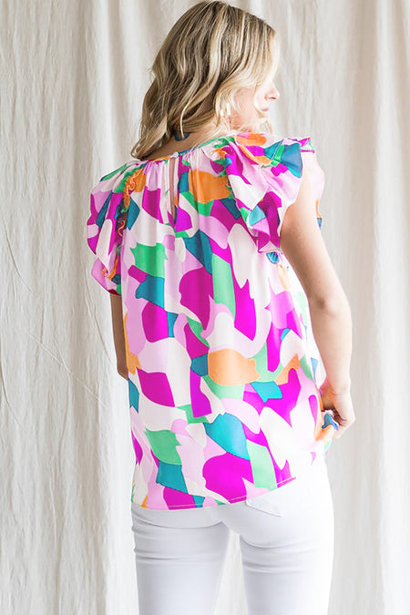 Abstract Pattern Ruffle Short Sleeves Blouse