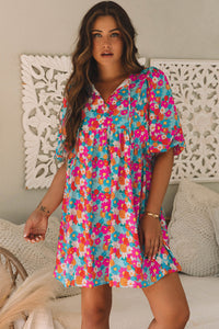 Floral Print Tie Split Neck Bubble Sleeve Babydoll Dress