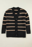 Stripe Buttoned V Neck Drop Shoulder Loose Cardigan