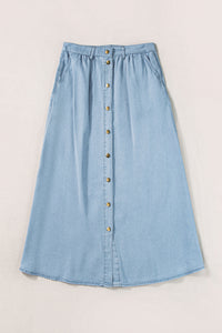 Mist Blue Fully Buttoned Long Denim Skirt
