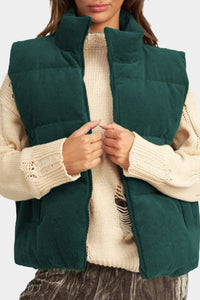 Corduroy Stand Neck Zipped Puffer Vest