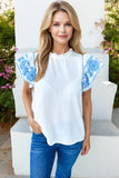 Embroidered Ruffled Sleeve Frilled Collar Blouse