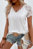 Sheer Lace Short Sleeves Eyelet Embroidered Tee