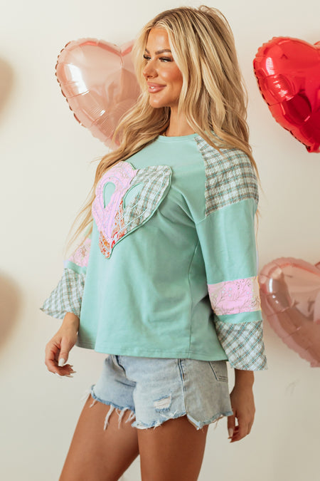 Plaid Floral Peace Heart Graphic Wide Long Sleeve Top