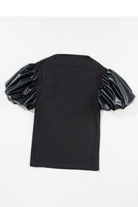 Faux Leather Puff Short Sleeve Mock Neck Top