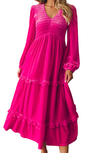 Shirred V Neck Long Sleeve Velvet Dress